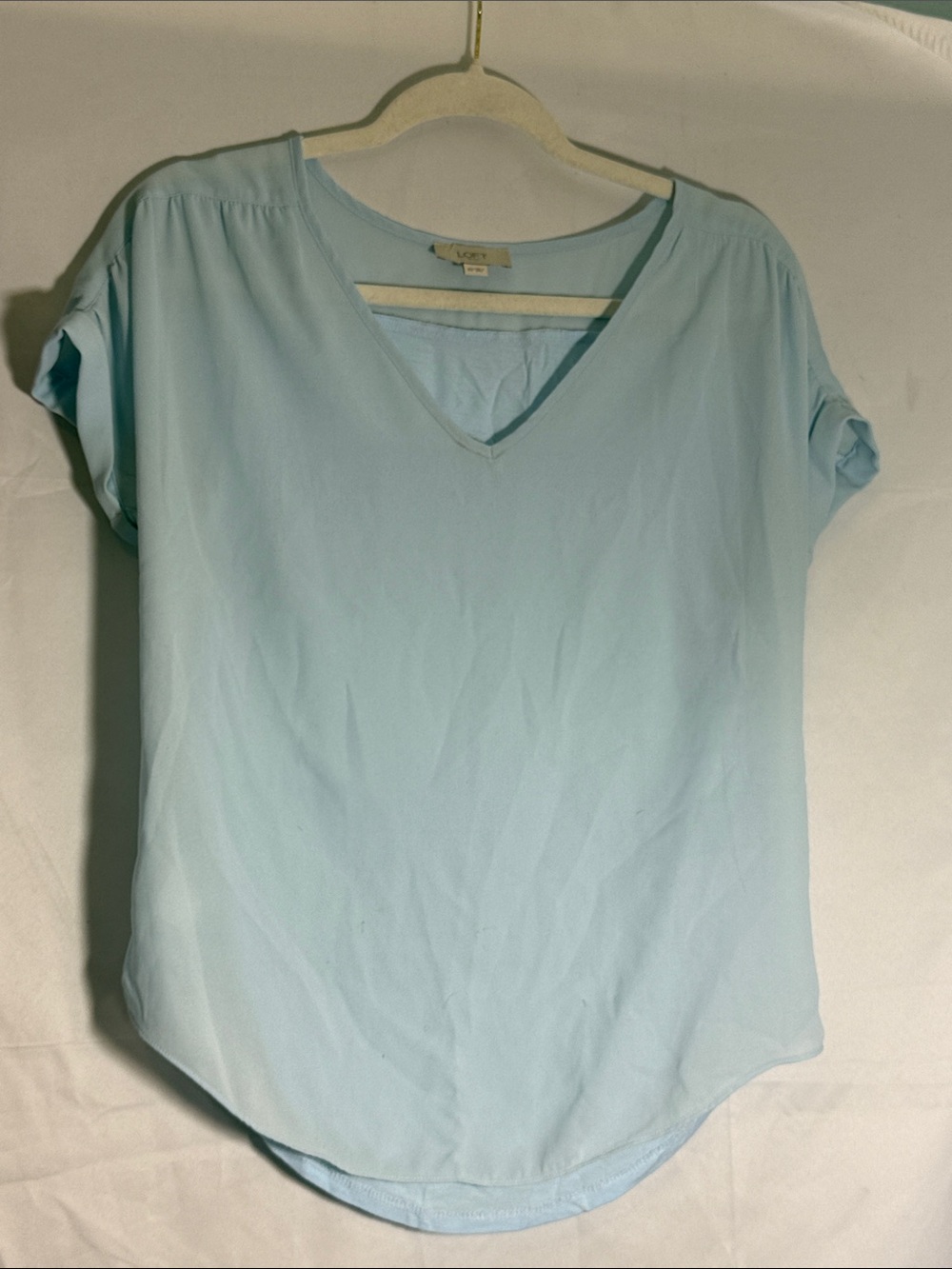 LOFT Light Blue V-Neck Sheer-Mixed Media Short Sleeve Blouse